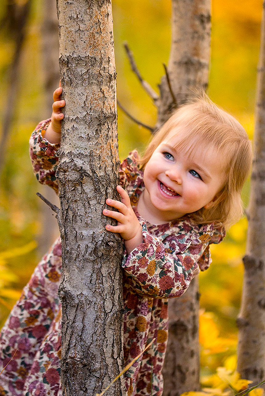 Smiling toddler girl plays peekaboo behind an aspen tree during a colourful autumn family photo session in Edmonton
