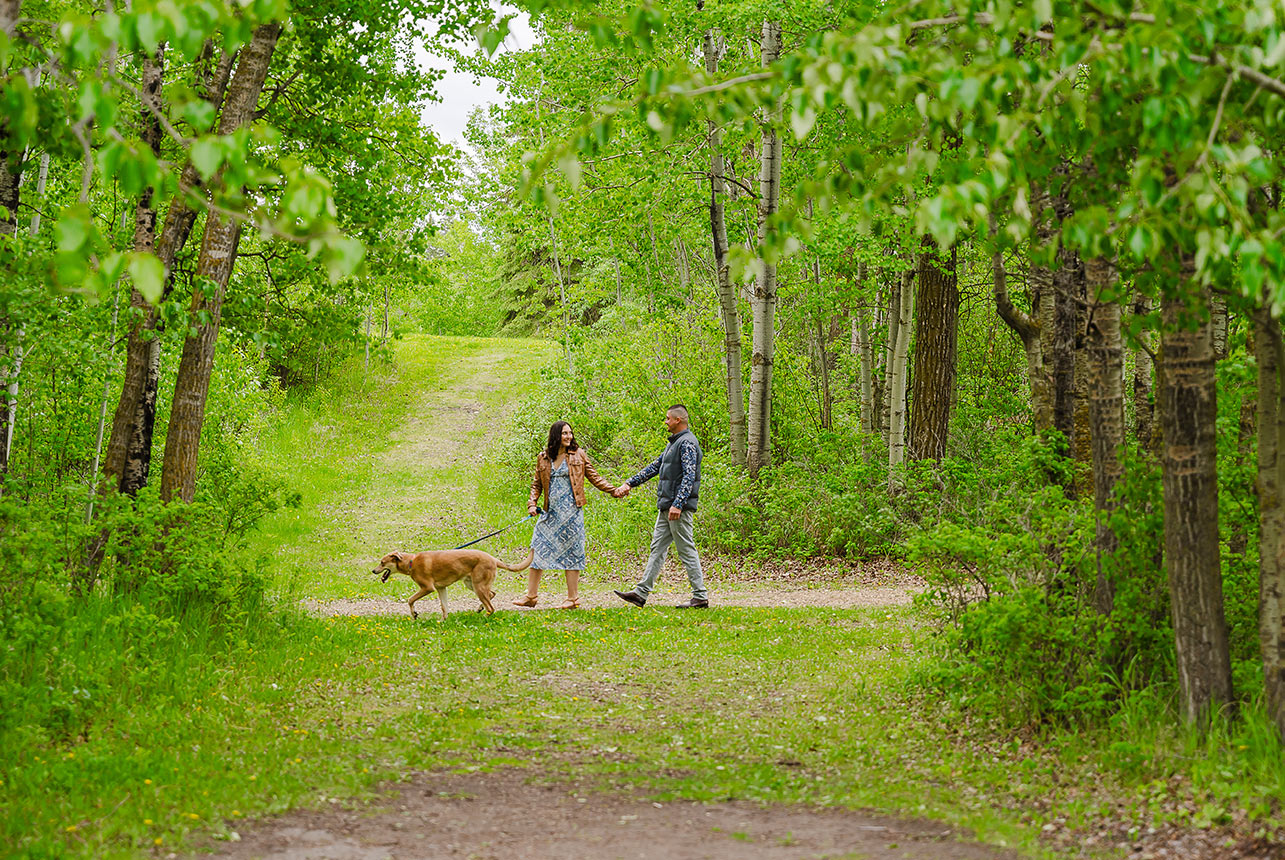 Couple holding hands, walking with their dog during a date night photo shoot in Elk Island Alberta Park