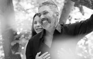 Romantic black and white engagement photo in Edmonton’s river valley