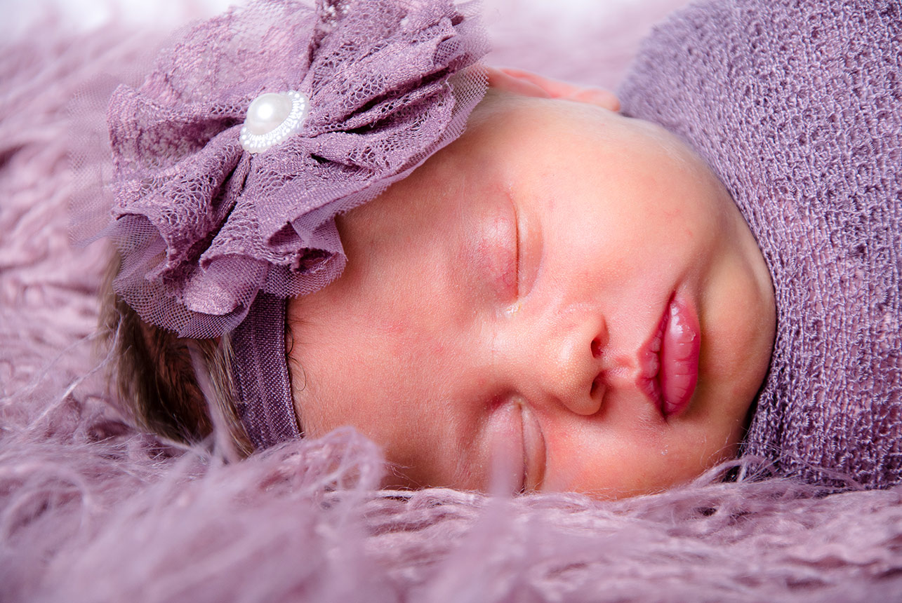 Newborn girl in a bed of purple